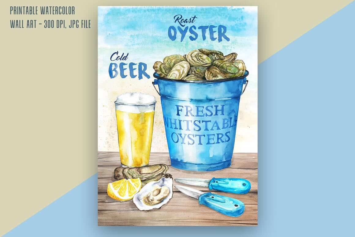 Watercolor painting of cooked oysters and cold beer.