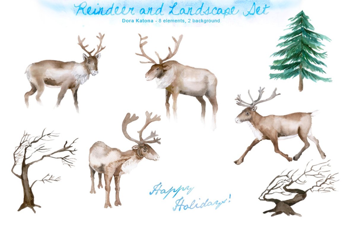 Watercolor reindeer set.
