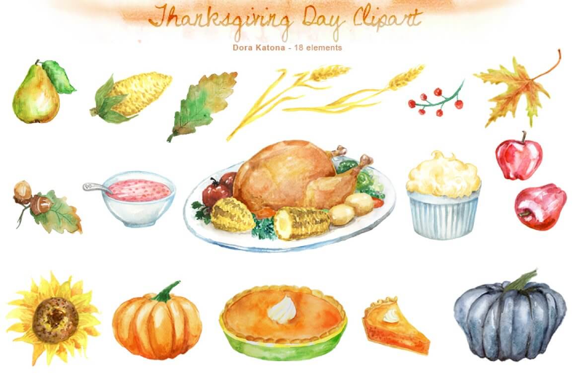 Thanksgiving day in watercolor: pumpkins, pears, apples, pies and baked turkey.