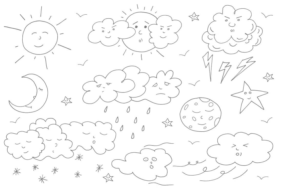 Various weather conditions drawn with an outline in one color.
