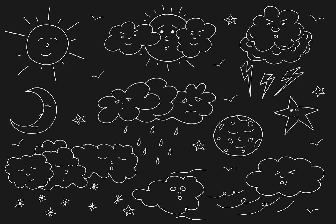 Different weather conditions are drawn with chalk on a black background.