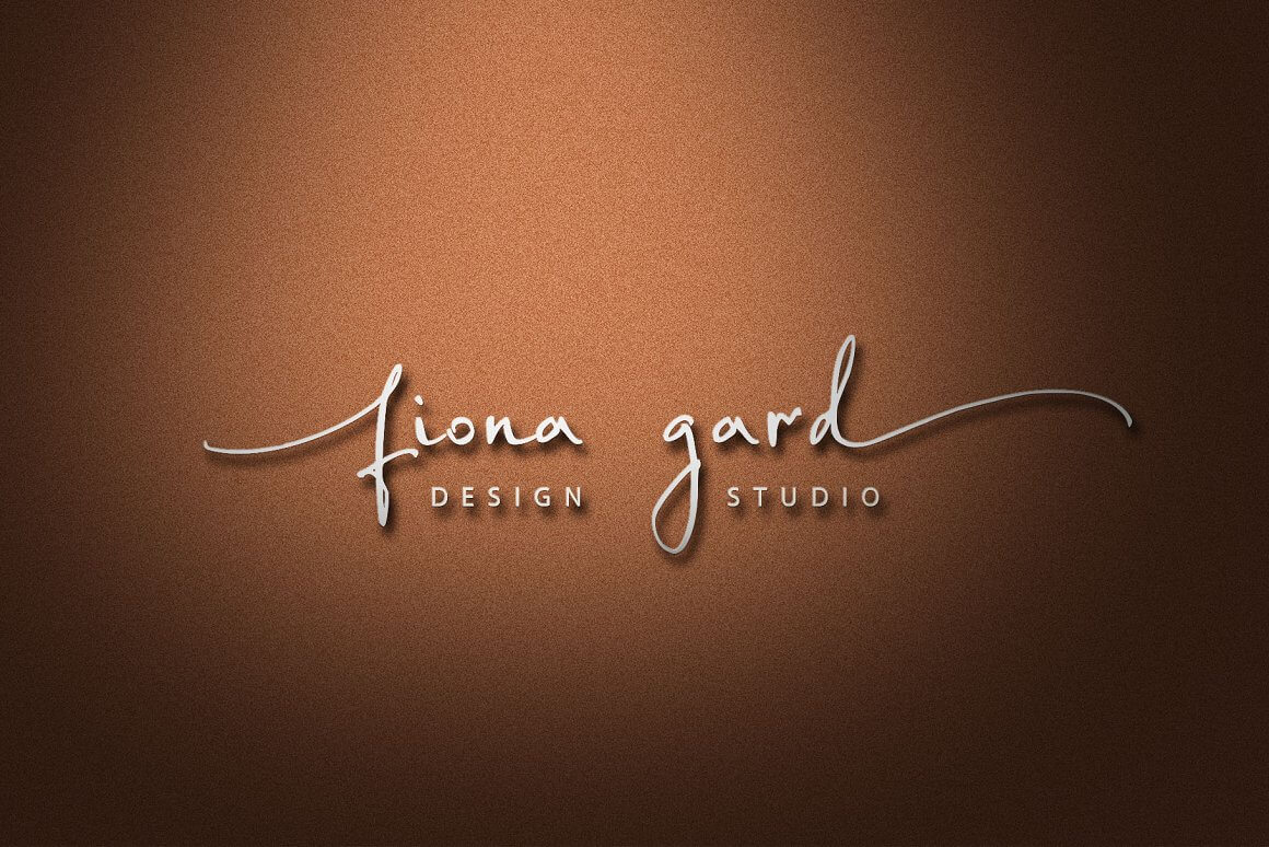 The inscription "Fiona gard design studio" is written in West Byanetta font on a bronze background.