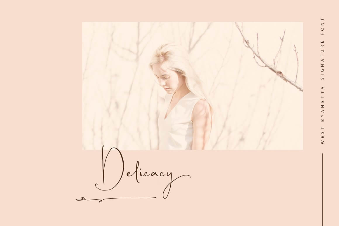 Image of a young girl with blond hair and in a light dress and the inscription "Delicacy" written in West Byanetta Font.