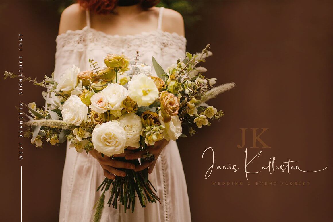 A girl in a white dress with a bouquet in her hands, and next to it is an inscription "Janis Kallesten, wedding and event florist" written in West Byanetta signature font.