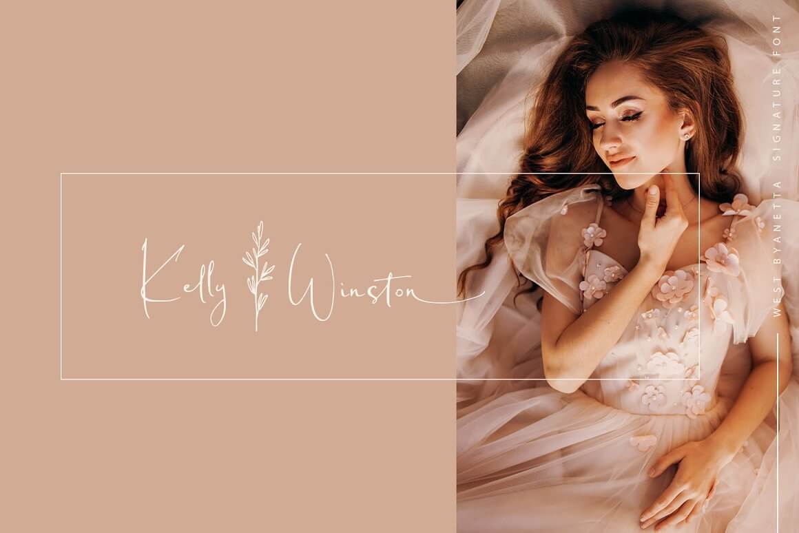 An amazing girl in a soft pink floral dress and the inscription Kelly Winston with a symbol from the West Byanetta font.