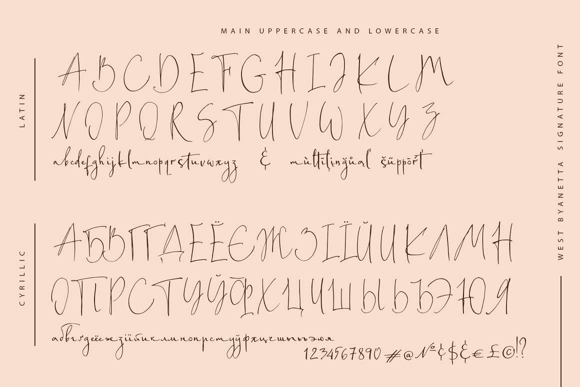 Main uppercase and lowercase in West Byanetta signature font.