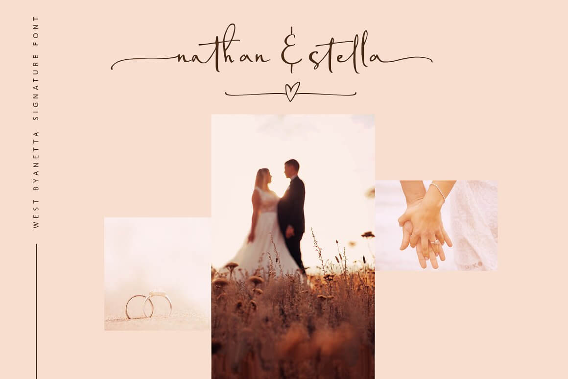 Three photographs with a wedding couple, with wedding rings and with a hand in hand, and the inscription is made in West Byanetta font.
