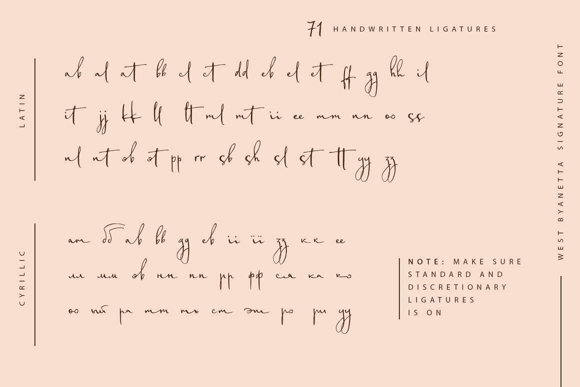 71 handwritten ligatures, note: make sure standard and discrttionary ligatures is on.