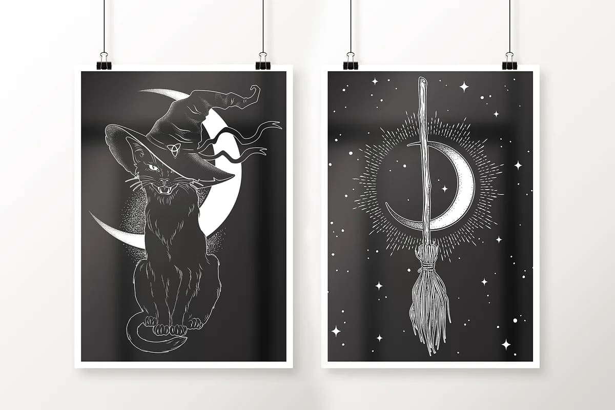 witch cat and broom illustrations.