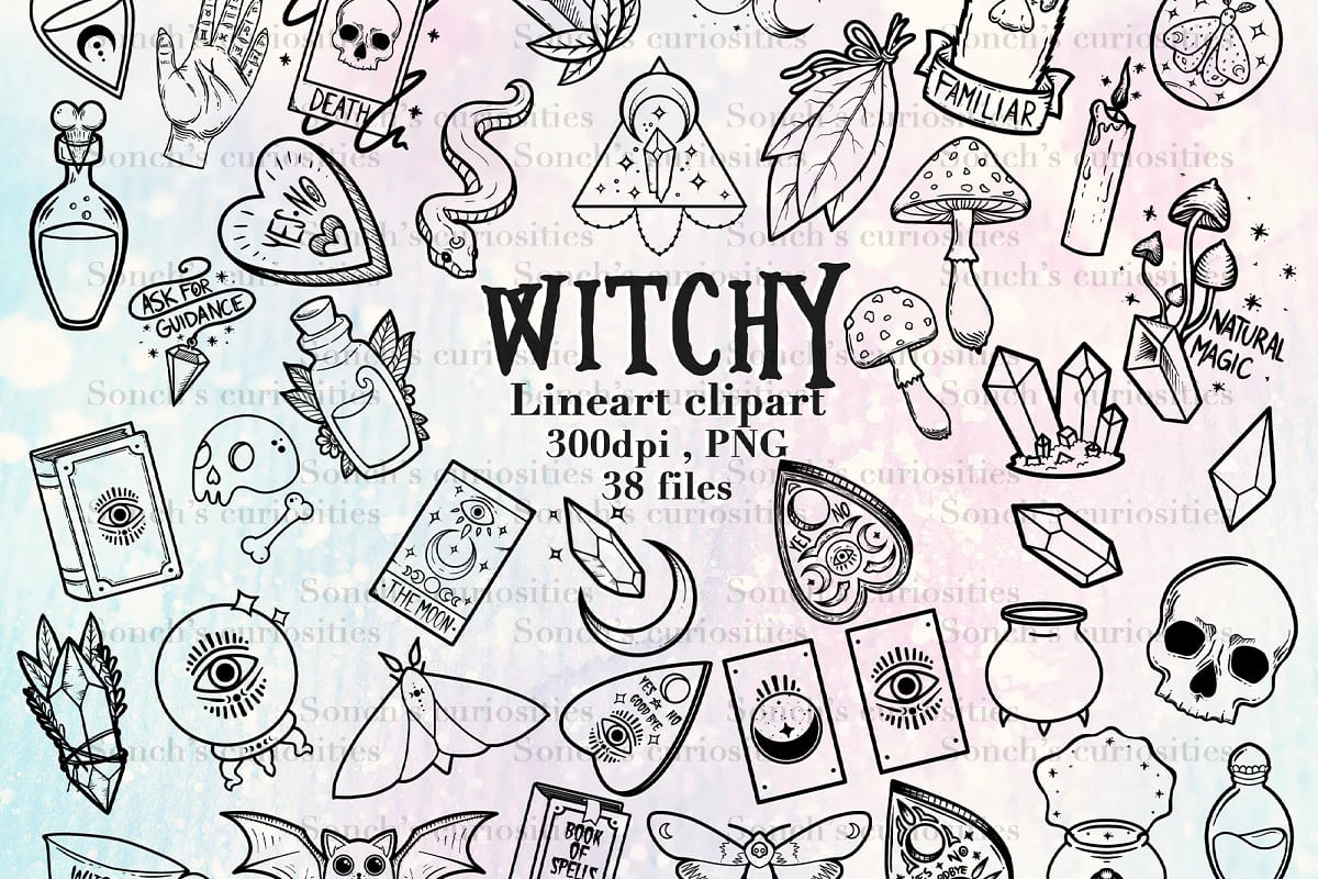 witch inspired linear clipart collection.