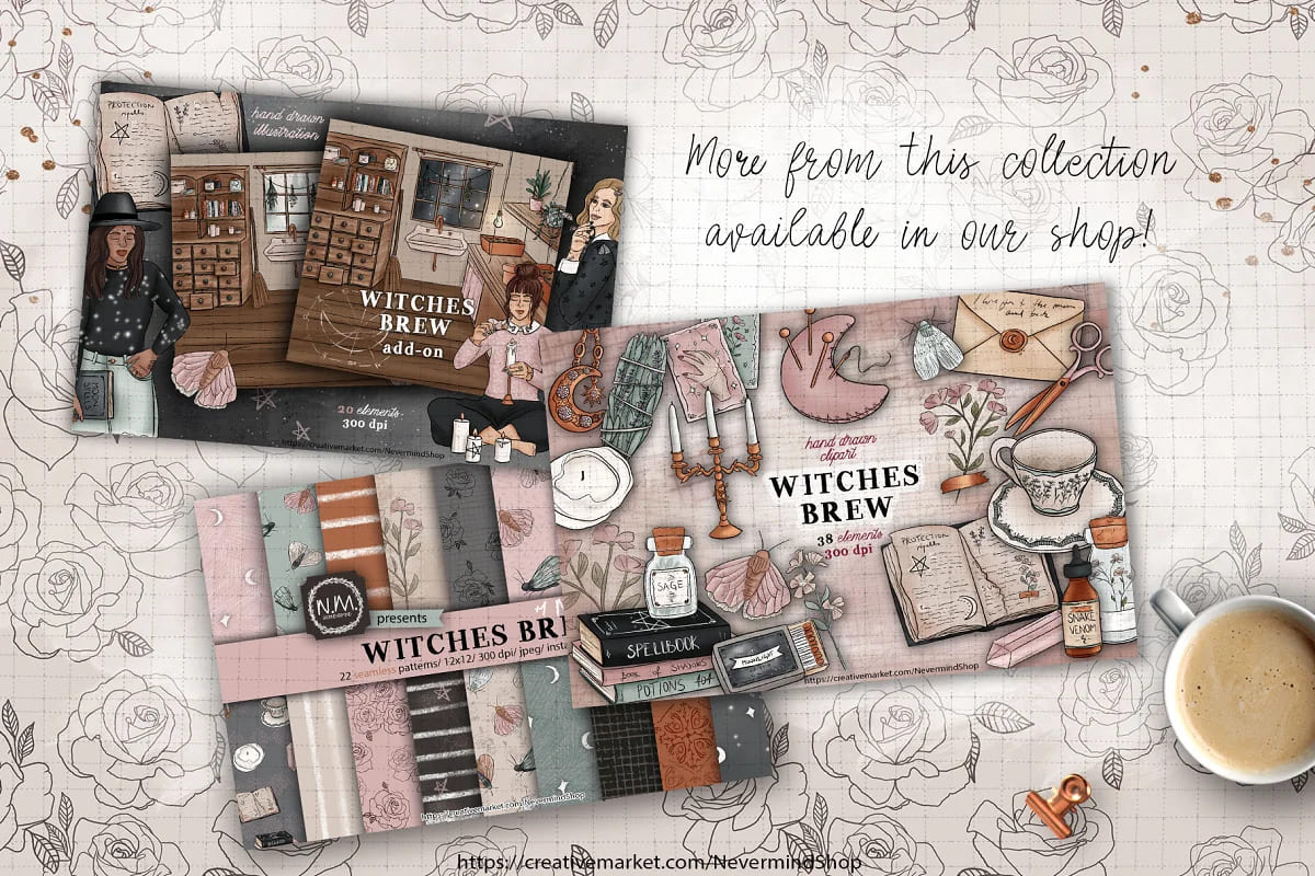 witches brew clipart kit, hand painted illustrations.