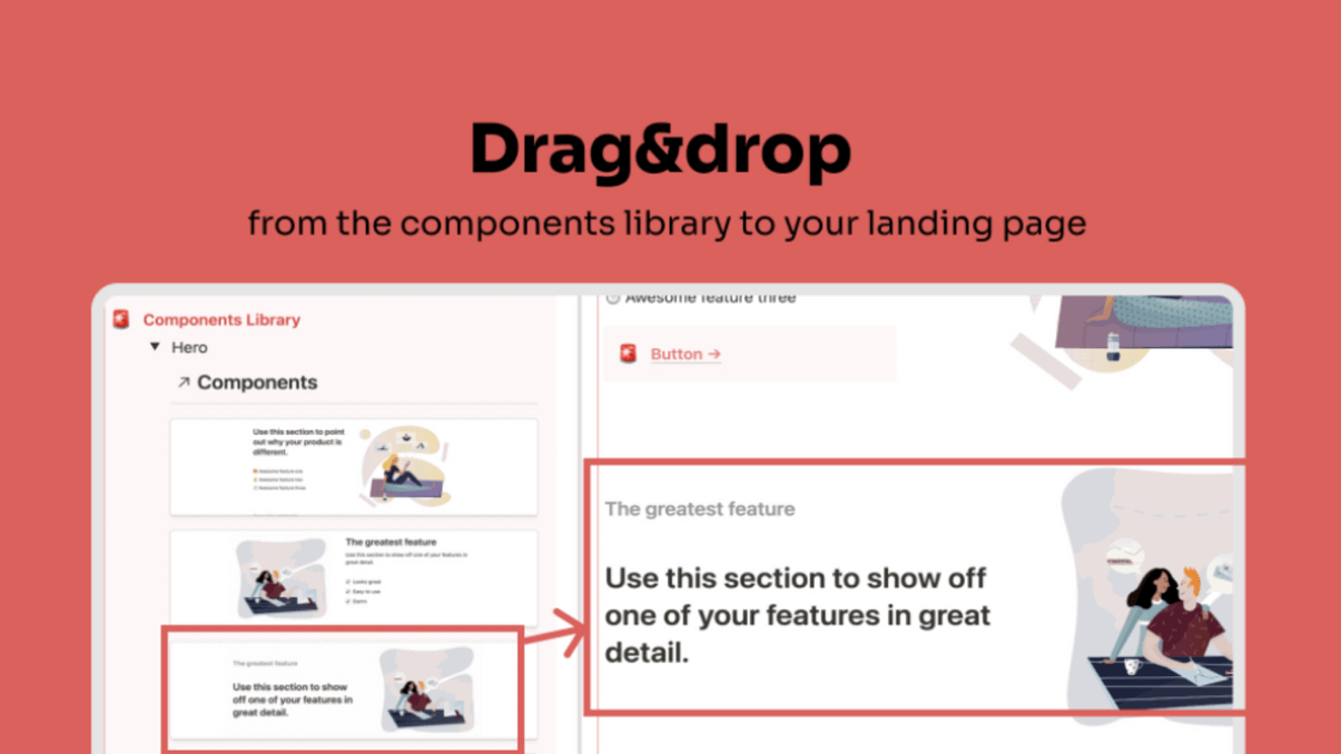 Drag and drop from the components library to your landing page.