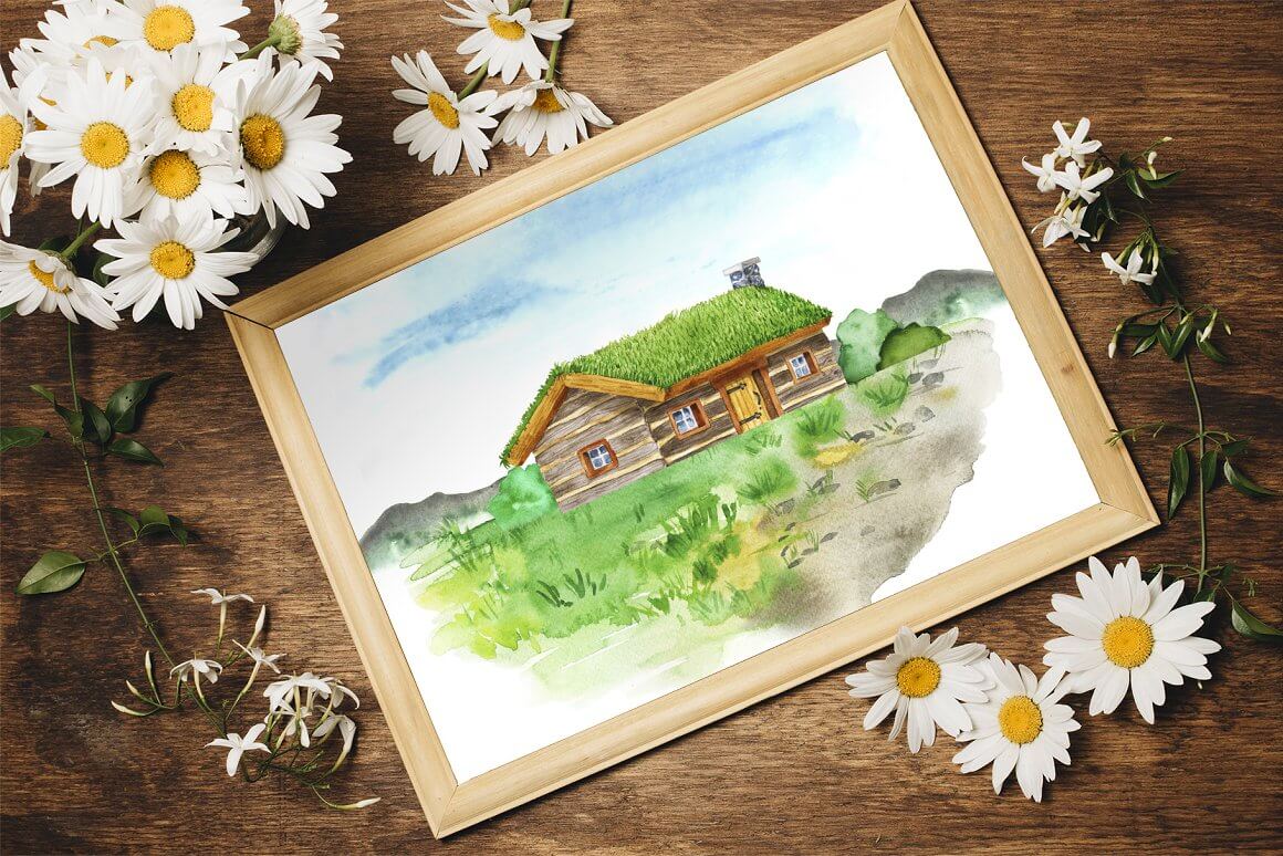 Picture in a wooden frame with a painted house with a green roof.