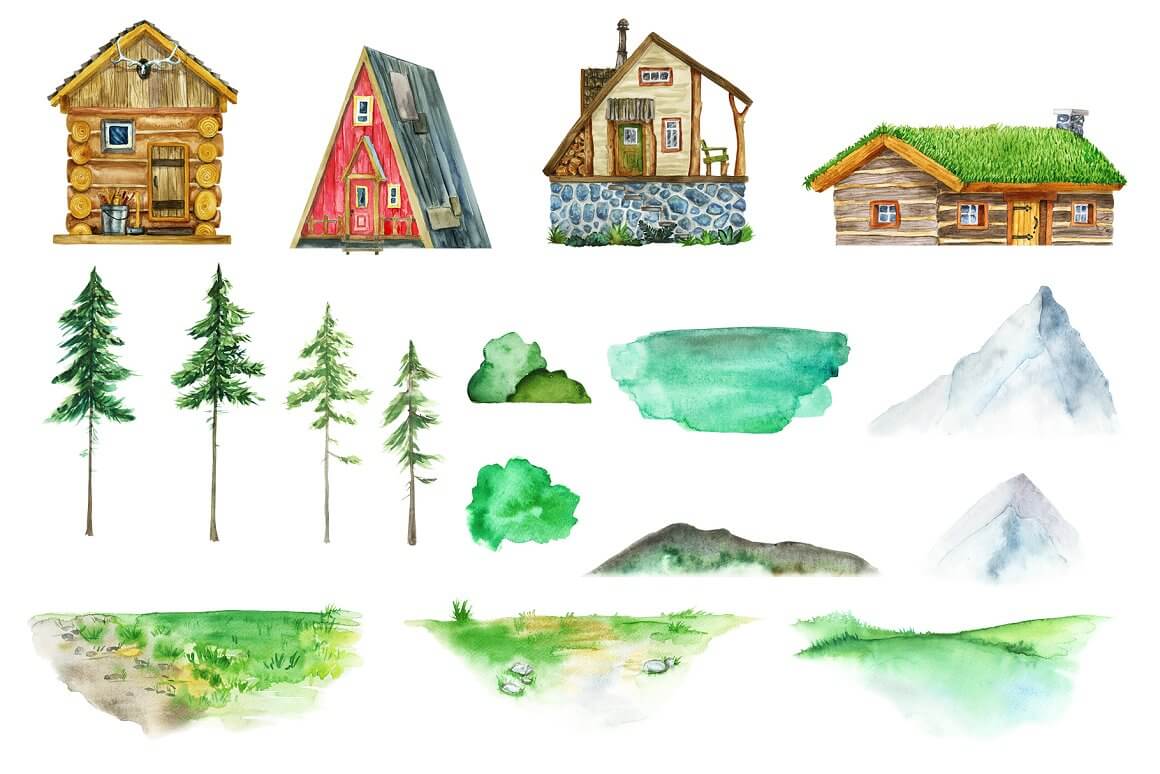 Elements of life in nature: small houses, trees, lawns, mountains, road.