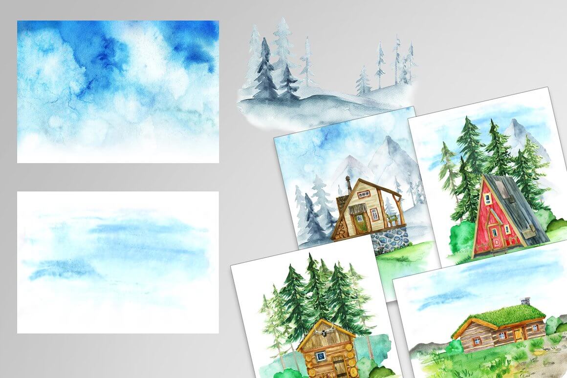 Images of the blue sky and houses among the forest nature.