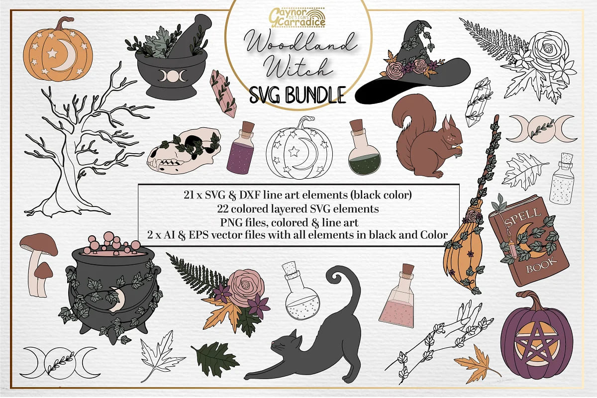 woodland witch svg graphics.