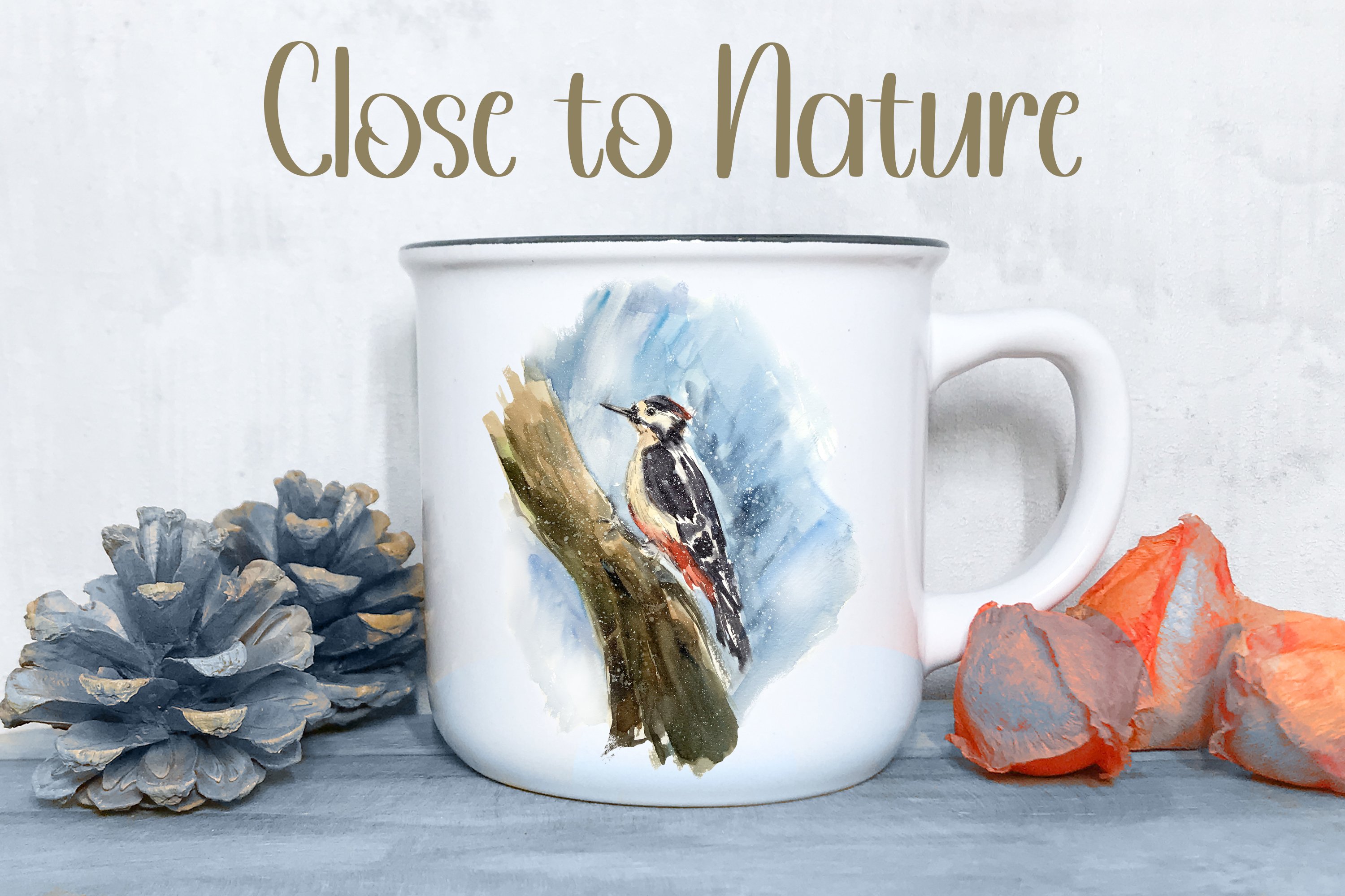 Funny print on a metal cup with a woodpecker.