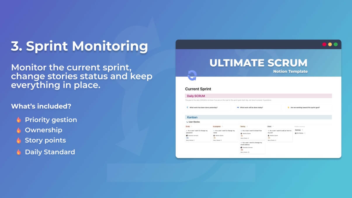 Sprint Monitoring included Priority gestion, ownership, story points and daily standard.