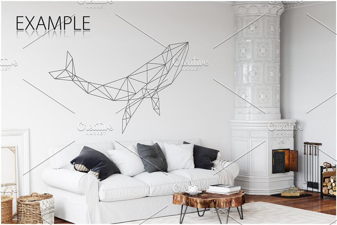 An example of an interior with a geometric pattern of a whale on a white wall.