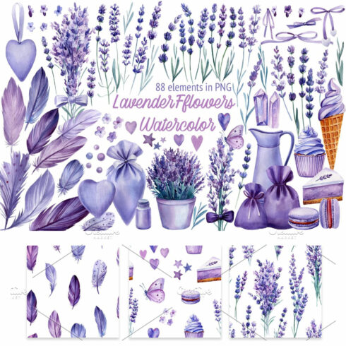 Lavender Flowers Watercolor, Clipart cover image.