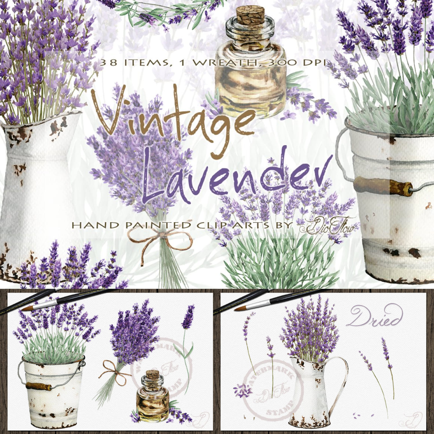 Vintage Lavender Watercolor Clip Art cover image.