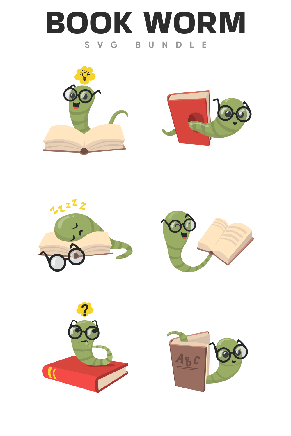 A collage of images of drawn books with a drawn worm with glasses.