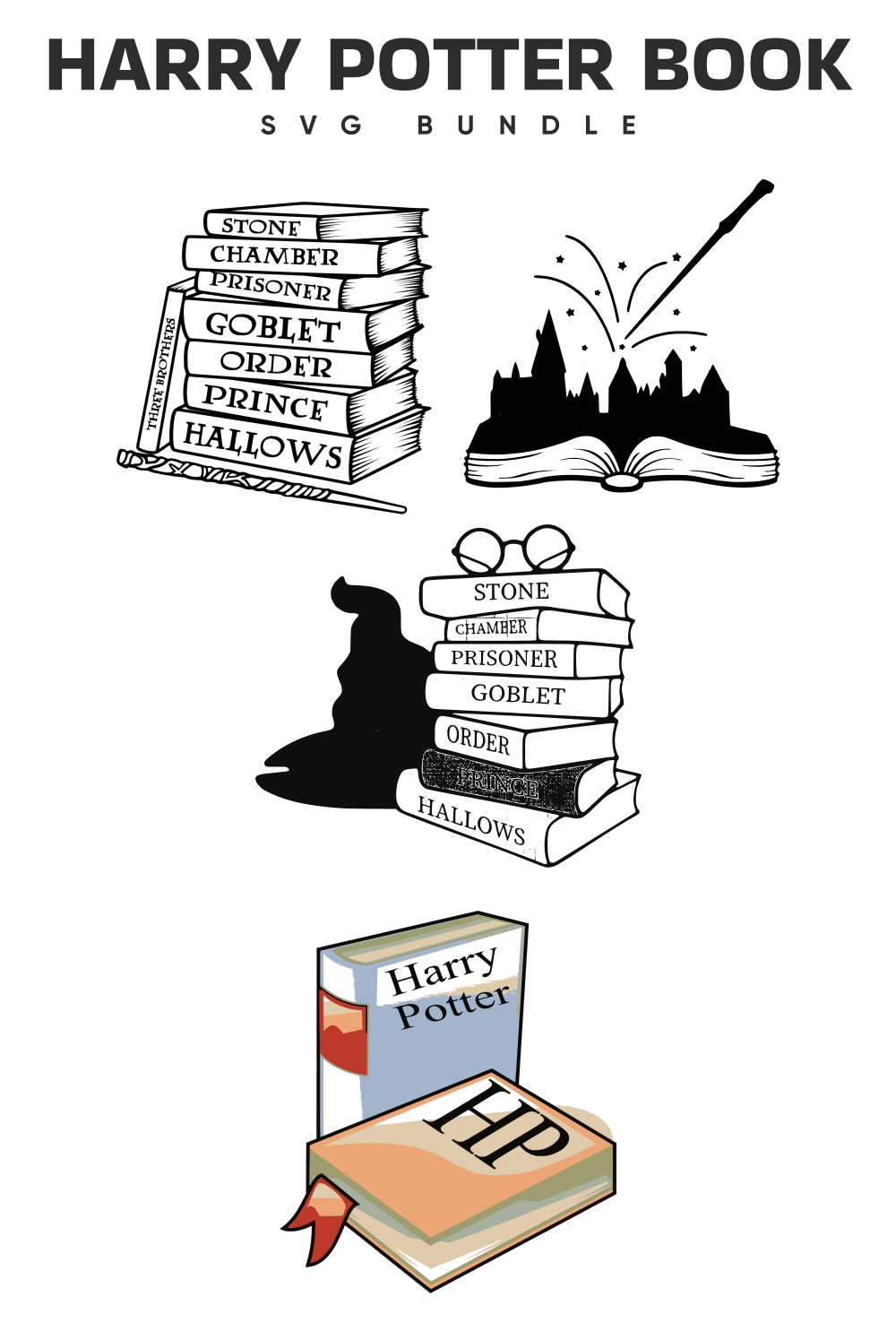 Collage of images of drawn Harry Potter books.