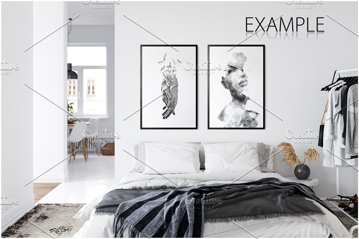 An example of a bedroom interior with images of a girl and a hand in hand.