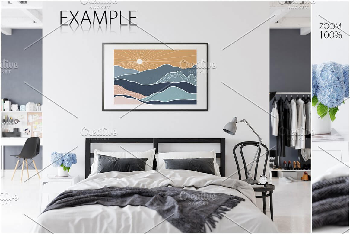 In the bedroom, in white and gray tones, there is a painting depicting the desert and the sun.