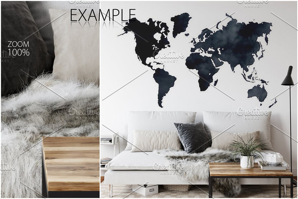 An example image of a world map on a white wall.