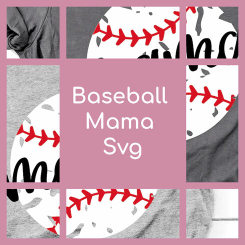 "Baseball Mama SVG" logo on a pink background with baseballs.