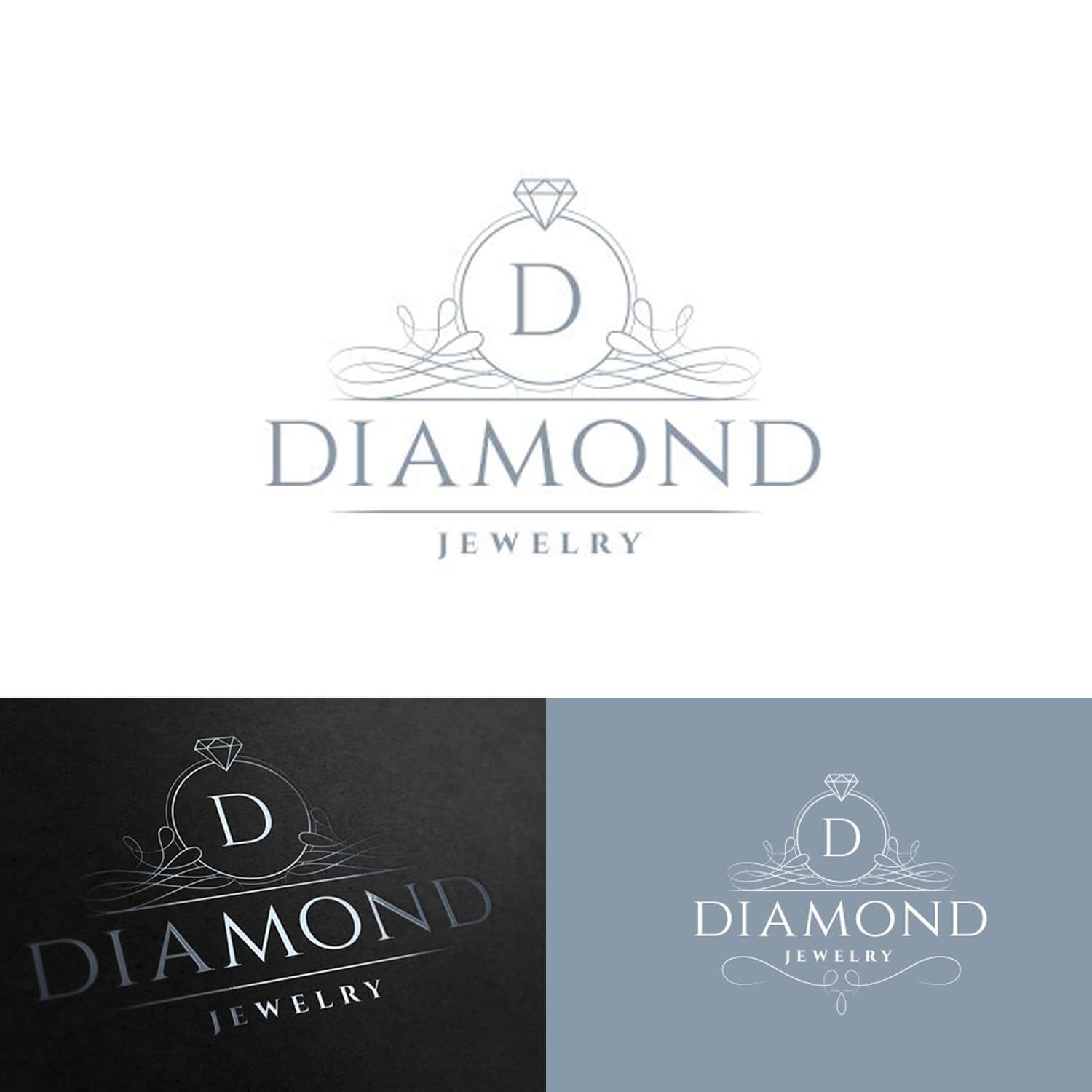 Diamond jewelry logo in three colors, white, black, blue.