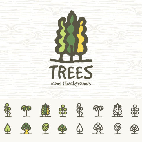 A large green hand-drawn tree logo and sixteen small trees.