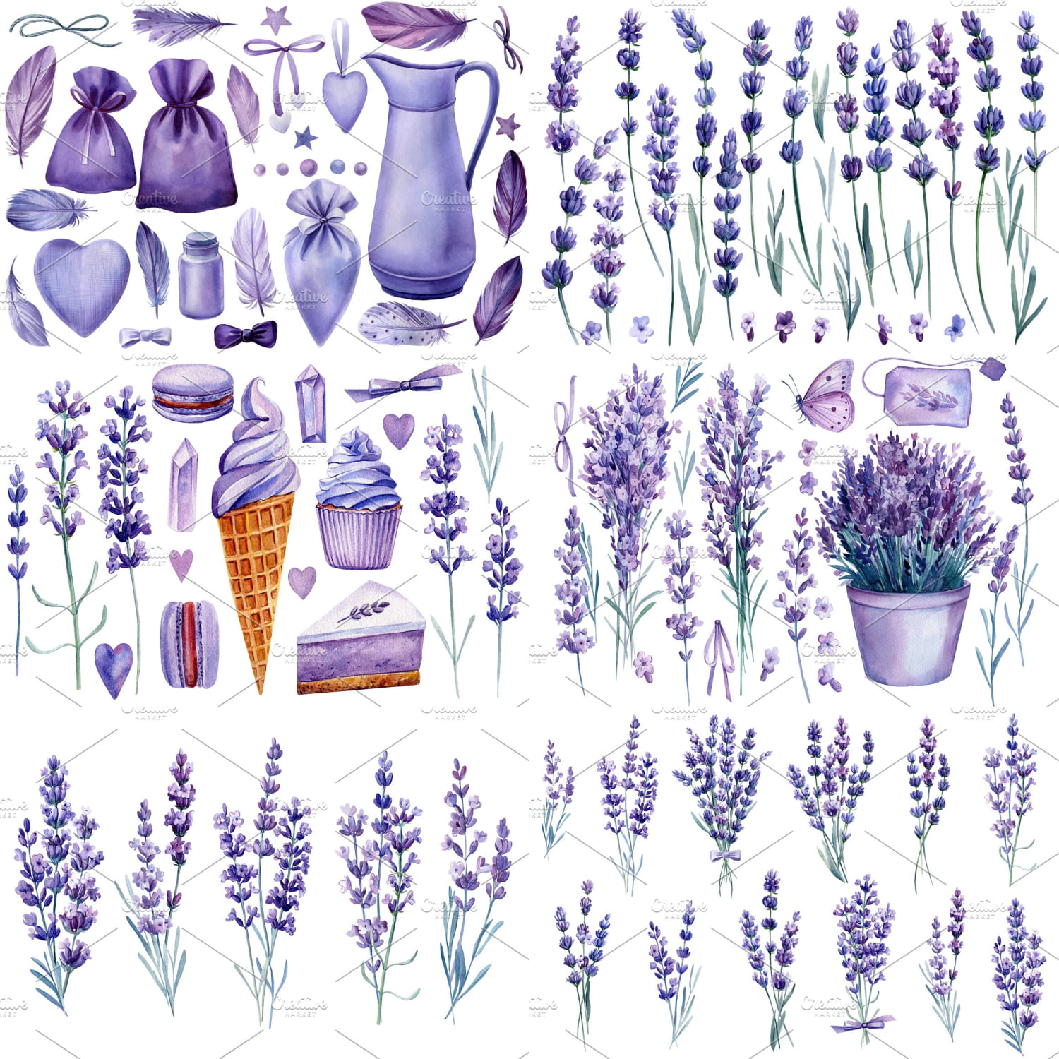 lavender flowers watercolor clipart.