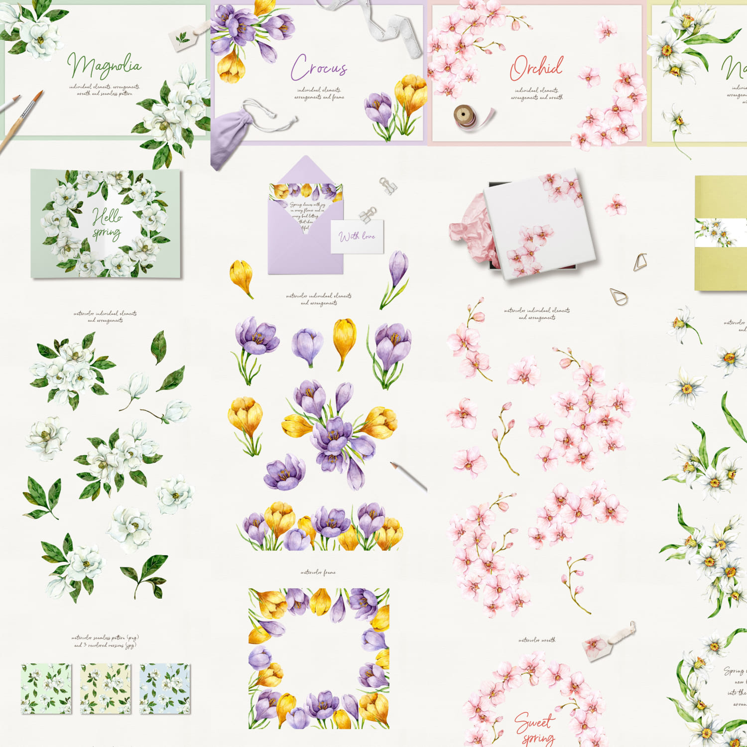 spring flowers watercolor clipart.