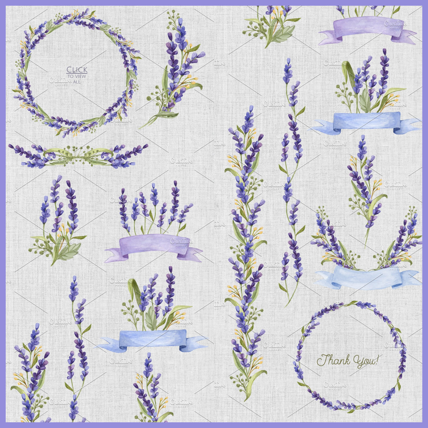 watercolor set with lavender flowers graphics.