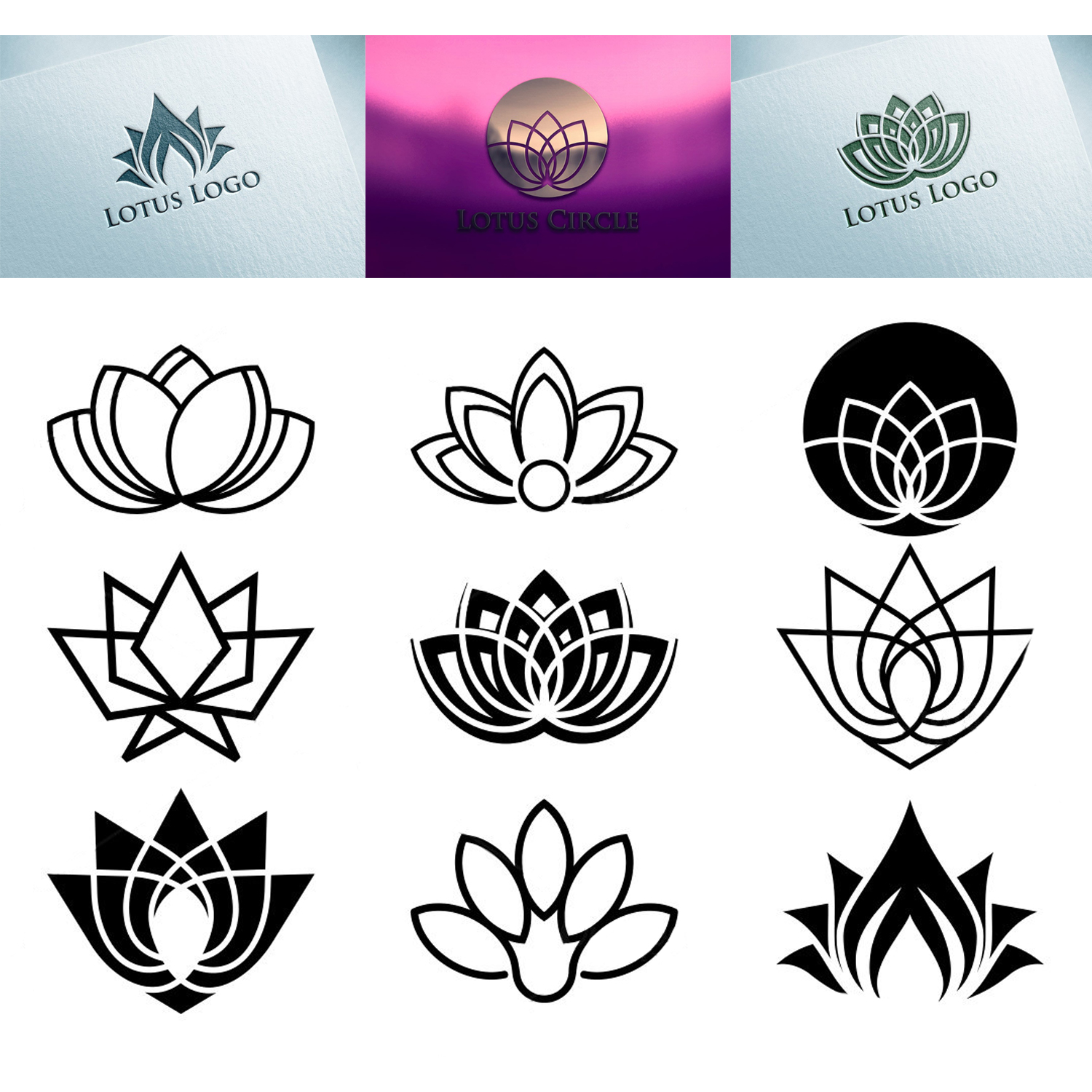 Three logos with a lotus flower in different color variations and nine black and white ones.