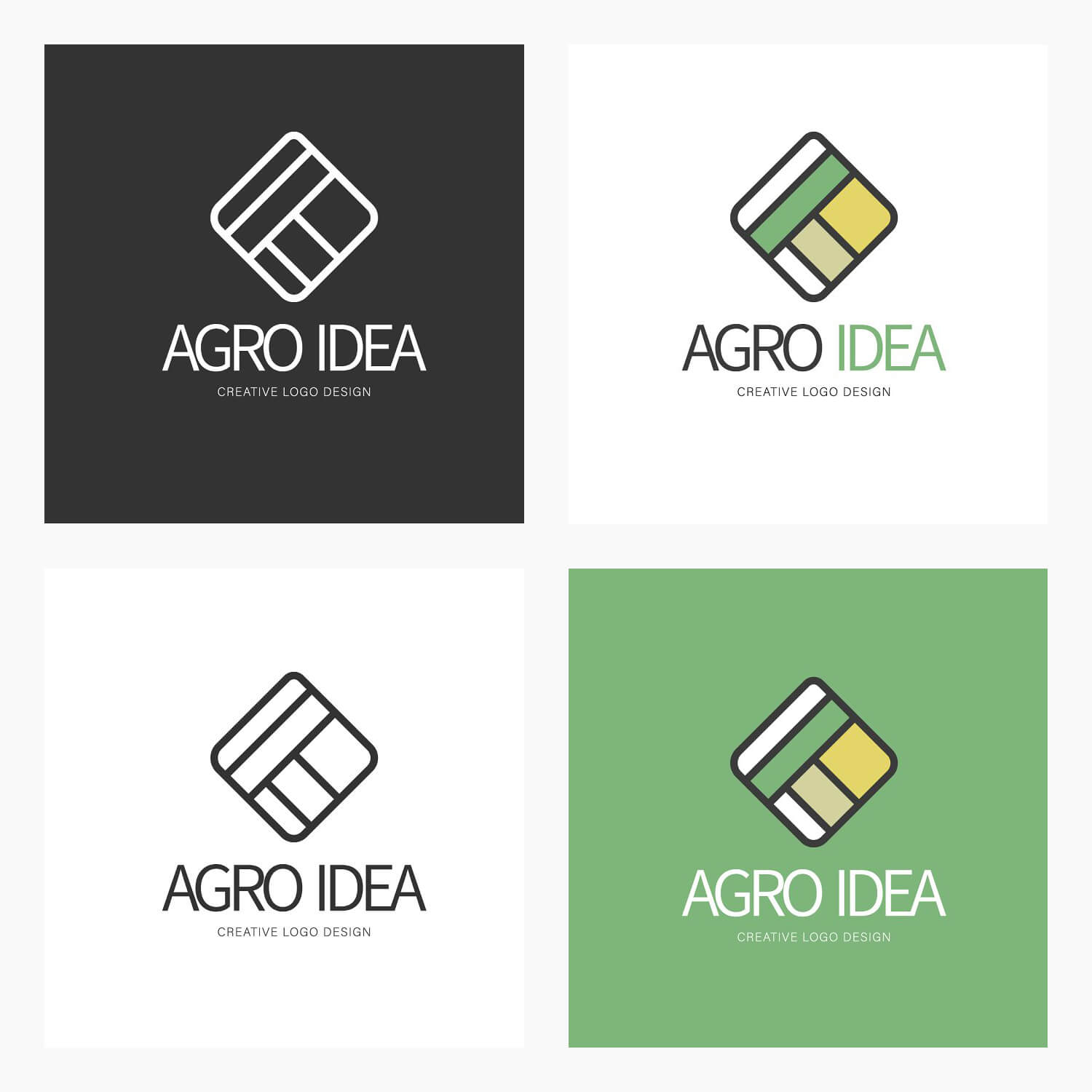 Four Agro Idea logos: the first is white on a gray background, the second is gray-green on a white background, the third is gray on a white background, the fourth is white-gray-green-yellow on a green background.