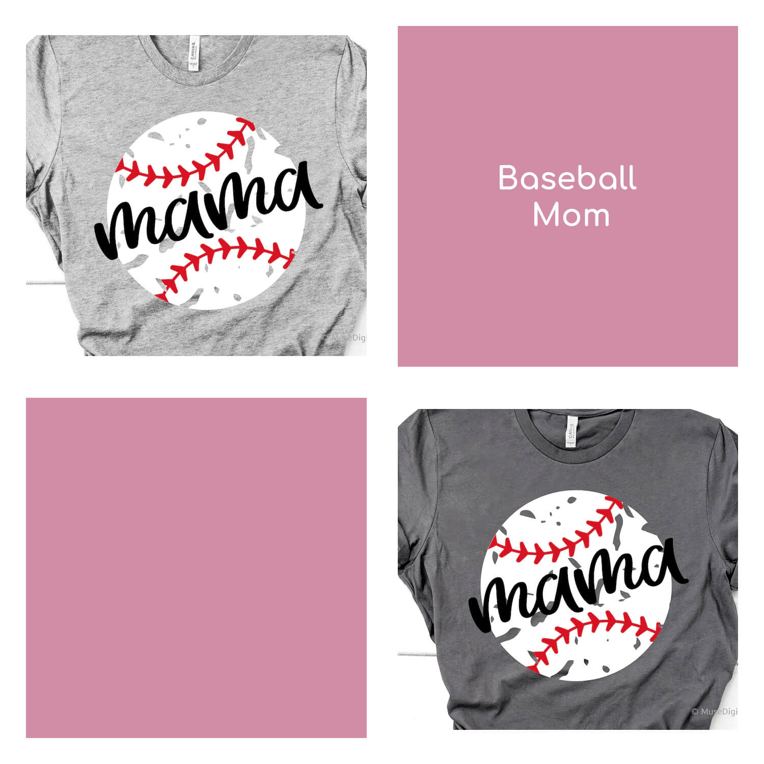 Four tiled dice, two t-shirts with prints and two with "Baseball Mama" written on a pink background.