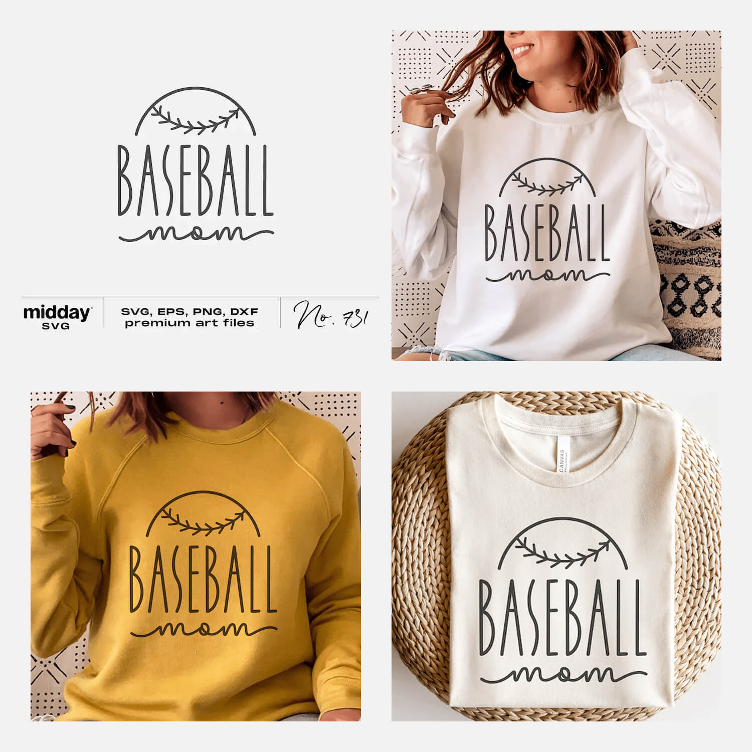 Two sweatshirts white and yellow with prints about baseball on the girls and one white folded.