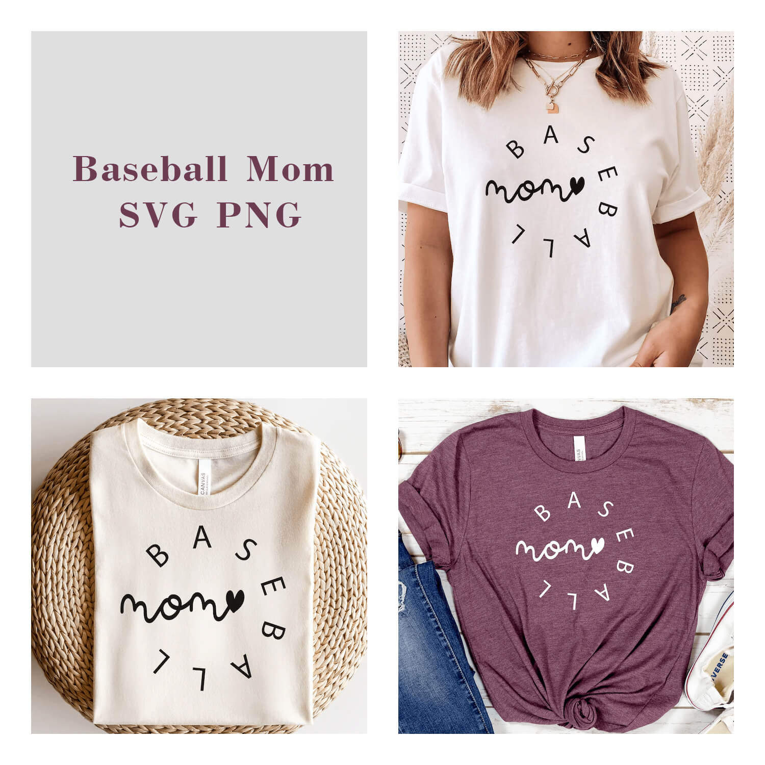 Four square pictures in one with the name of the product "Baseball mom svg png" and the logo on the T-shirts.