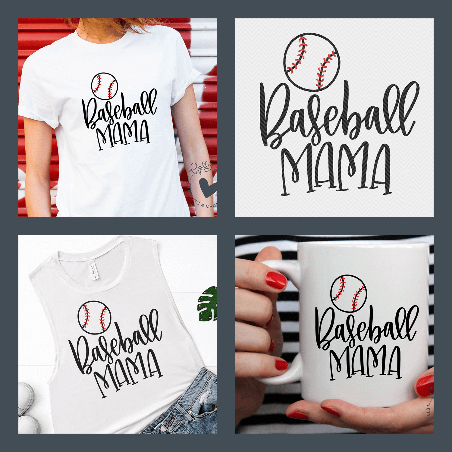 Four pictures with logos Baseball Mom.