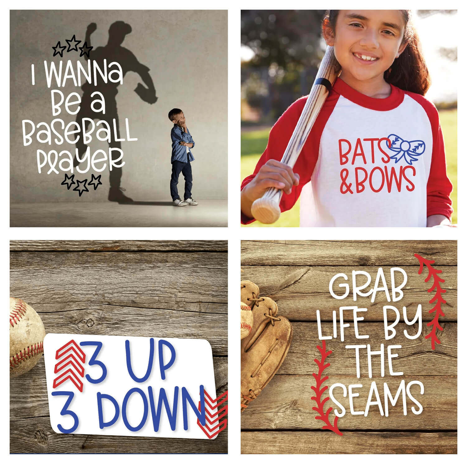 Four slides in one picture, the first with a boy who wants to be a basketball player, a girl with a baseball player, a baseball and a baseball glove.