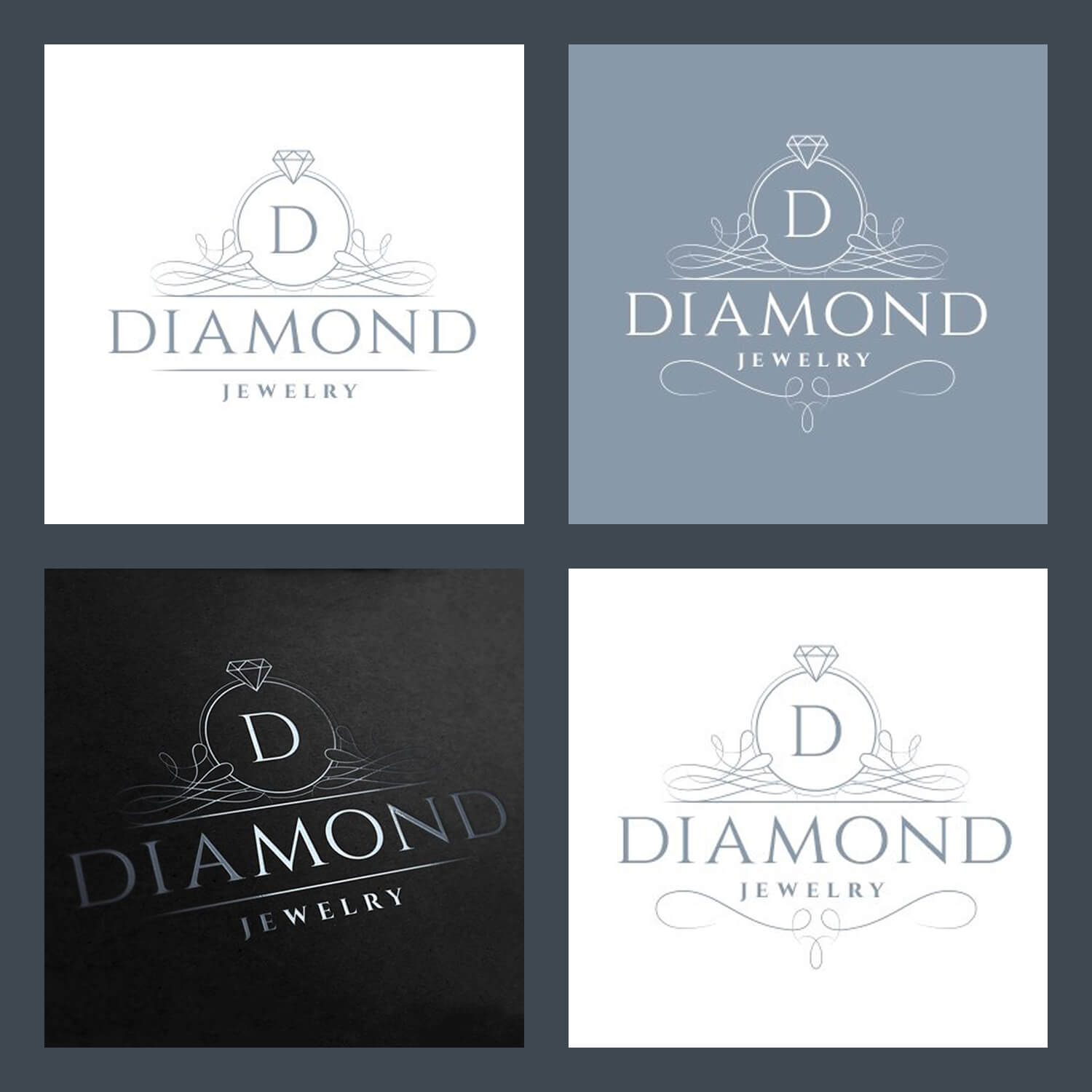Four diamond jewelry logos in a gray square.