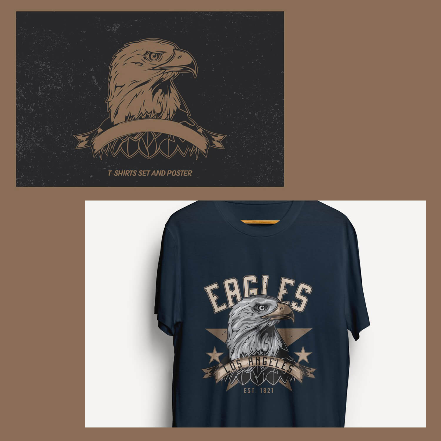 The image is divided into two parts with an offset, a blue T-shirt and a poster with an eagle image.