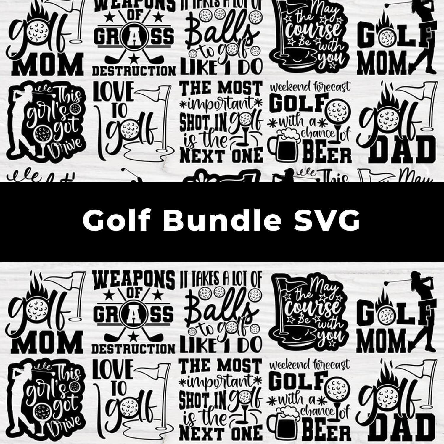 Product Name "Golf Bundle SVG" on black background and black golf logo's on white background.