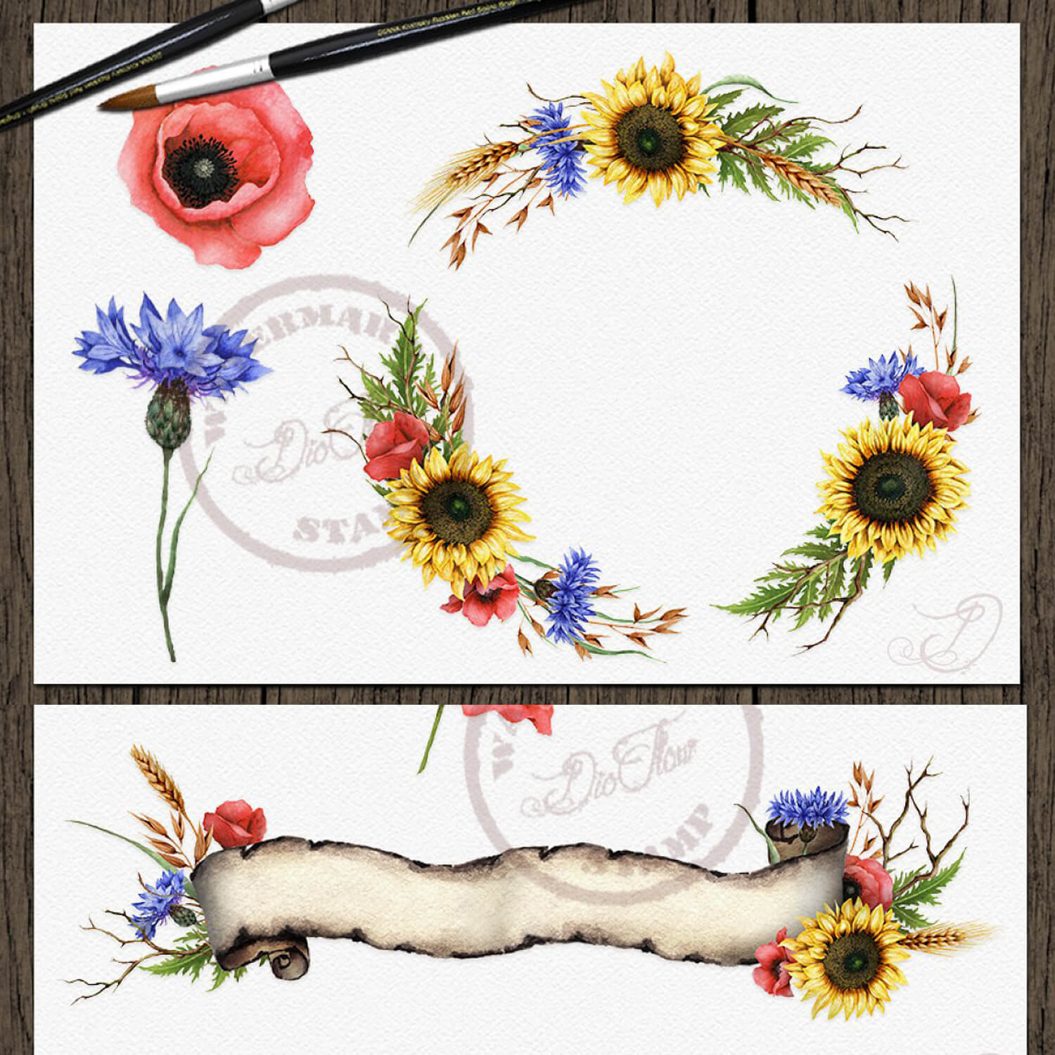 Illustrations with wreaths of sunflowers, poppies and greenery on a farm.