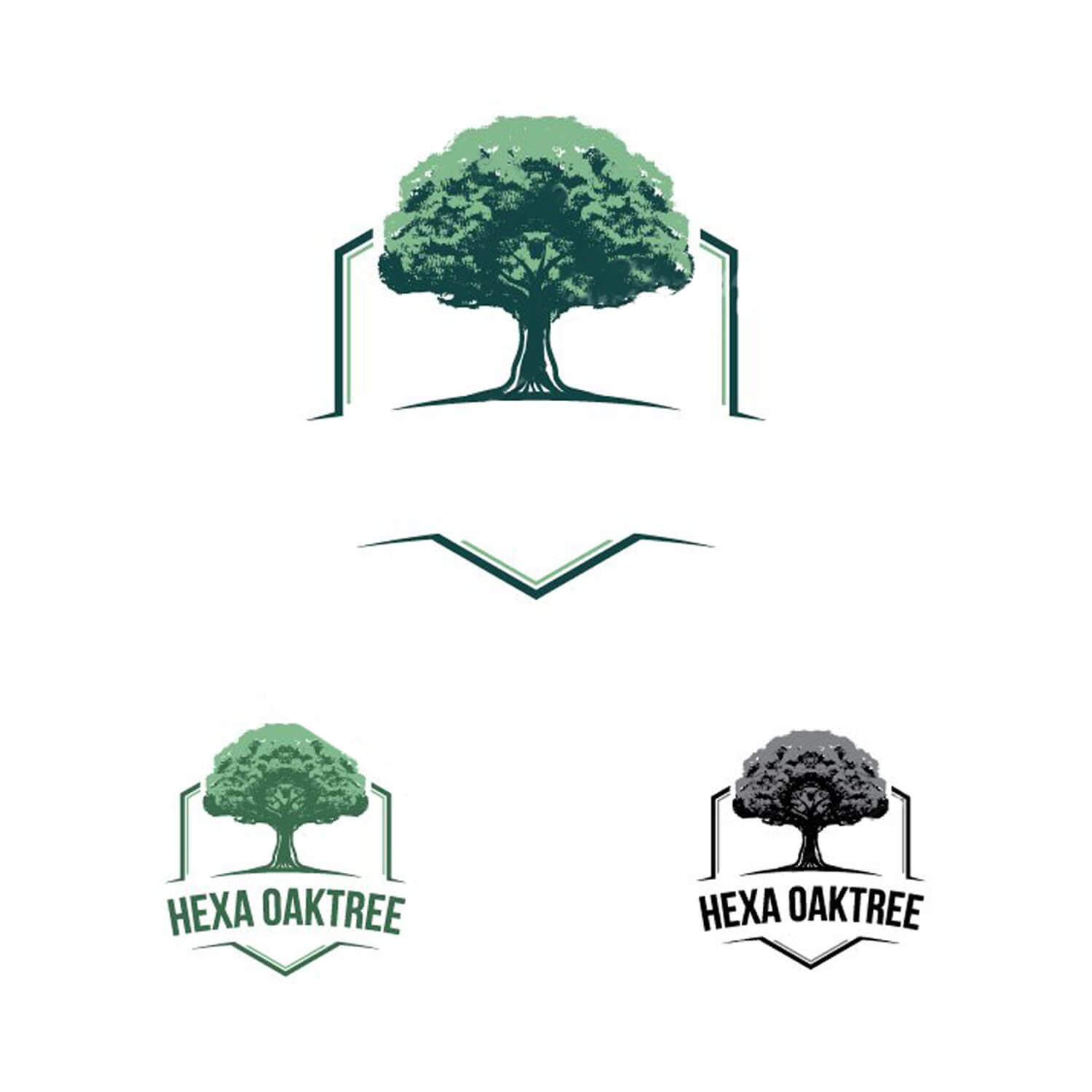 Three hexa oaktrees, two green and one grey.