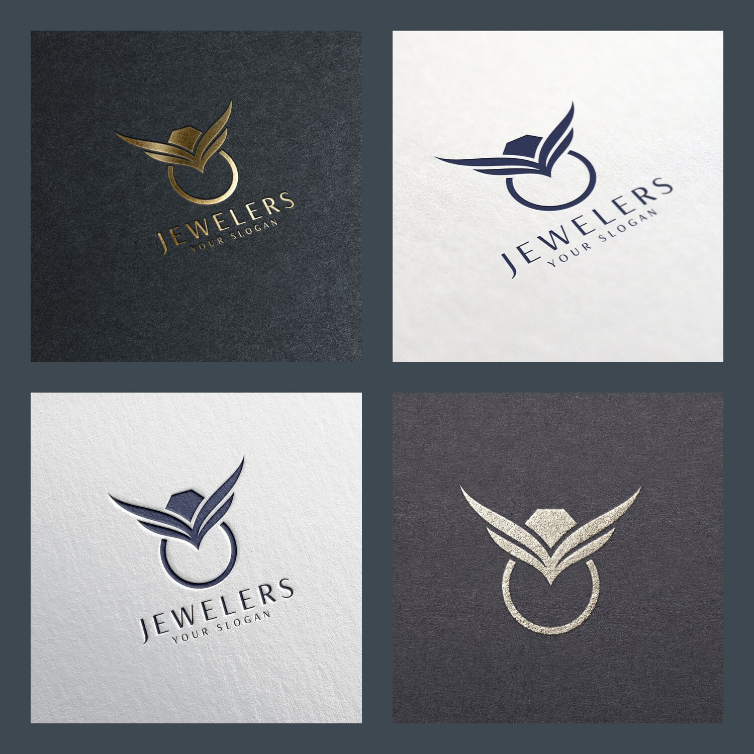 Four logos of jewelry rings on dark and light backgrounds.