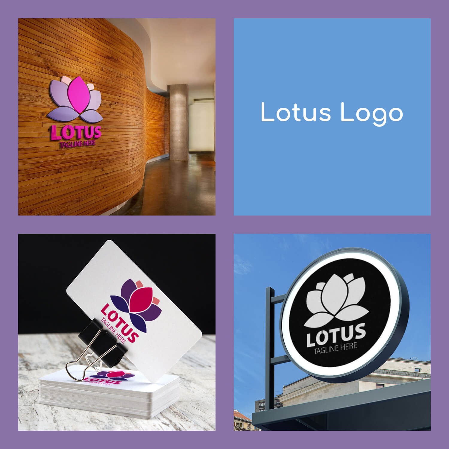 Four pictures with Lotus Tagline Here logos in purple, white, red-blue-violet.